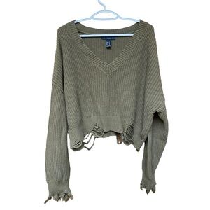 Forever 21 Green Fringe Distressed Sweater I Size: S